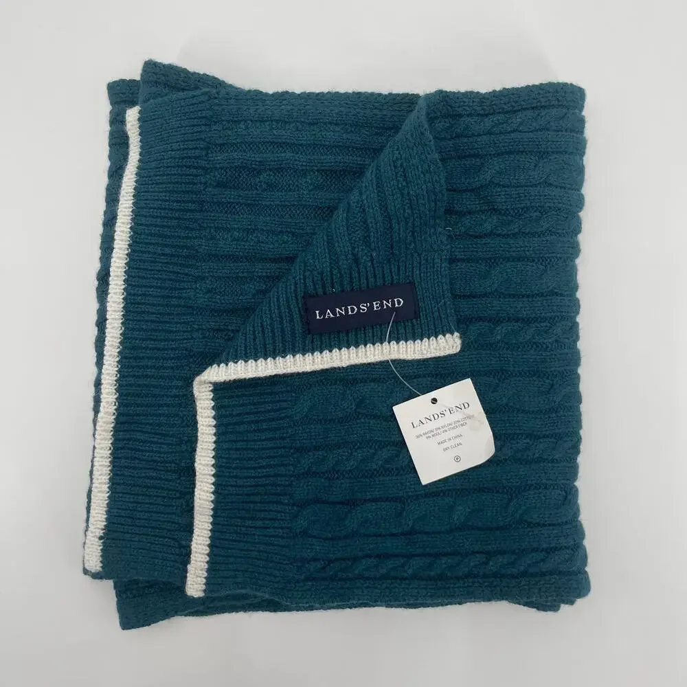 LANDS END Scarf NWT Teal NWT Wool Blend Winter Cable Knit Stripe Preppy Prep